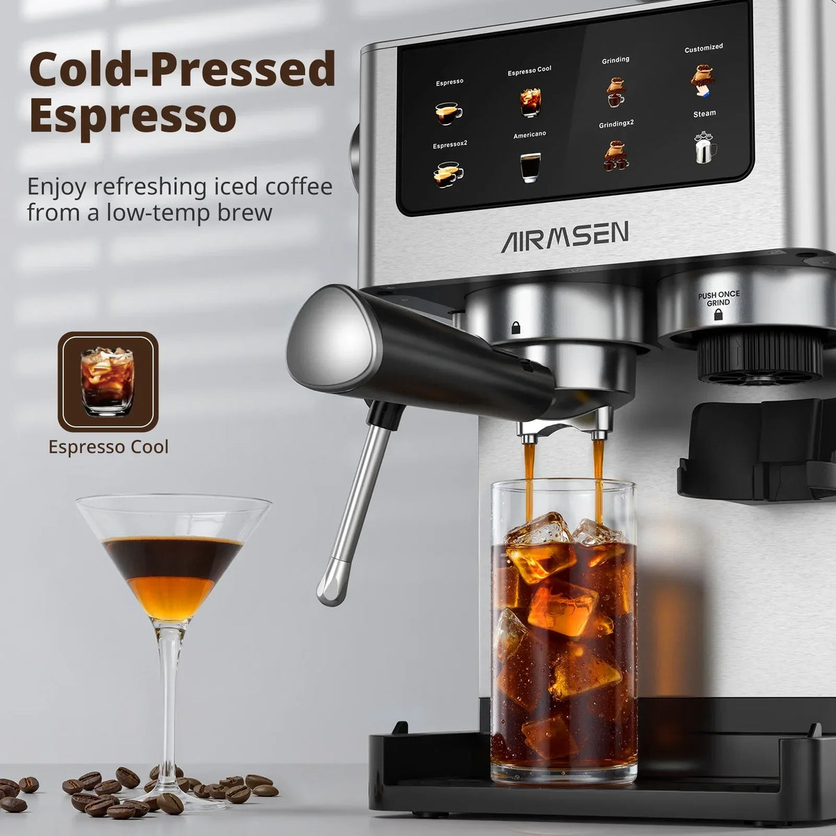 2026 NewAIRMSEN Espresso Machine with Grinder, Espresso Coffee Machine with Customized Grind Amount & Coffee Volume, Cold Brew Coffee Maker for Cappuccino Latte Americano, Brushed Stainless Steel