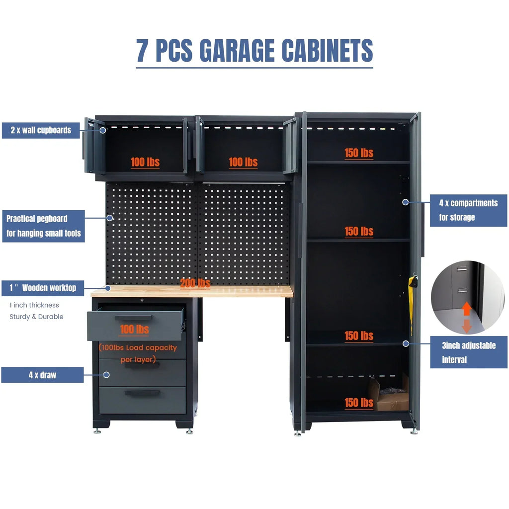 2026 NewHPDMC Garage Storage Cabinet System 7-Pcs Workshop Set Metal Garage Cabinets System with Steel Cabinet Drawers, Workbench, Pegboard for Garage Tool Organization