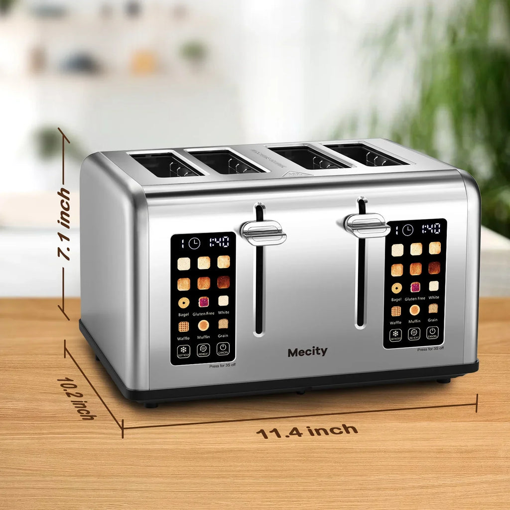 2026 NewMecity 4-Slice Touchscreen Toaster, Stainless Steel, 6 Browning Settings, Reheat, Cancel, Defrost, Removable Tray