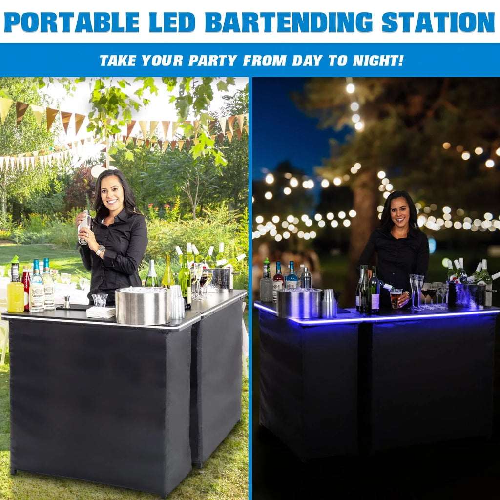 2026 NewGoBar Portable Double Bar Table Set with Multi-Color LED Lights - Mobile Bartender Station for Events - Includes Carrying Case