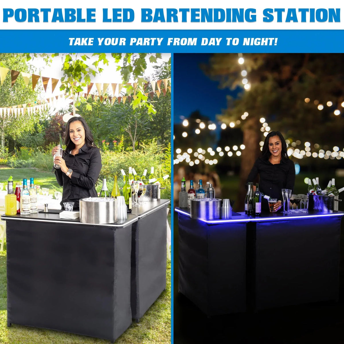 2026 NewGoBar Portable Double Bar Table Set with Multi-Color LED Lights - Mobile Bartender Station for Events - Includes Carrying Case