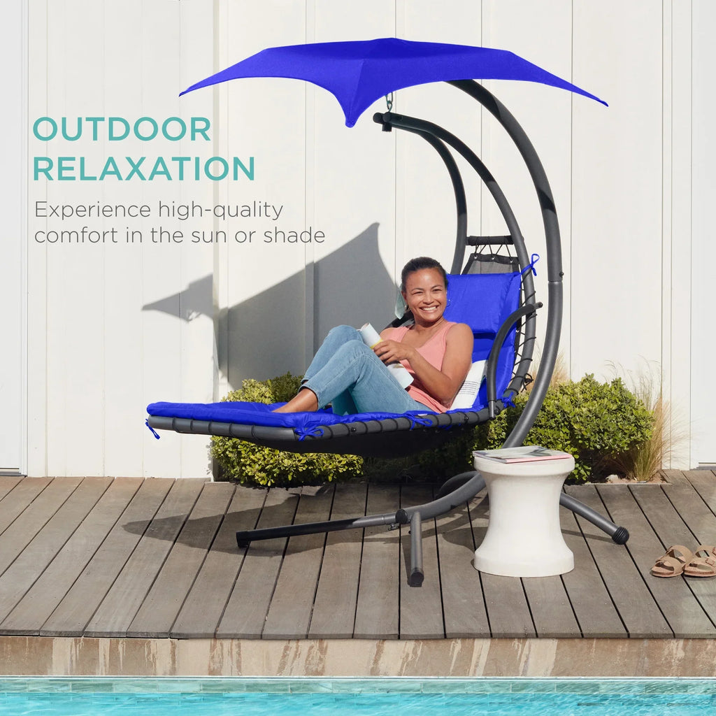 2026 NewBest Choice Products Hanging Curved Chaise Lounge Chair Swing for Backyard, Patio w/ Pillow, Shade, Stand - Teal