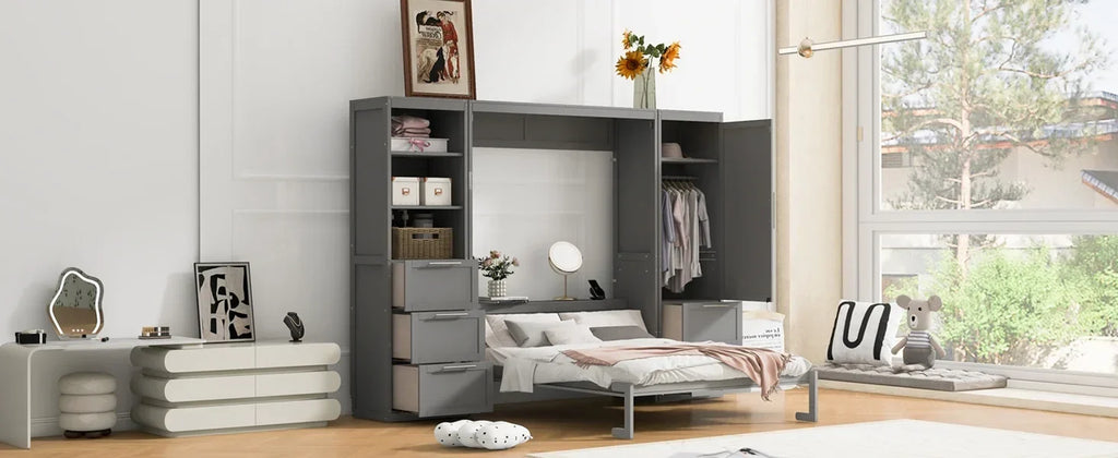 2026 NewNewest Queen Size Murphy Bed Wall Bed with Closet,Drawers, Shelves,Gray
