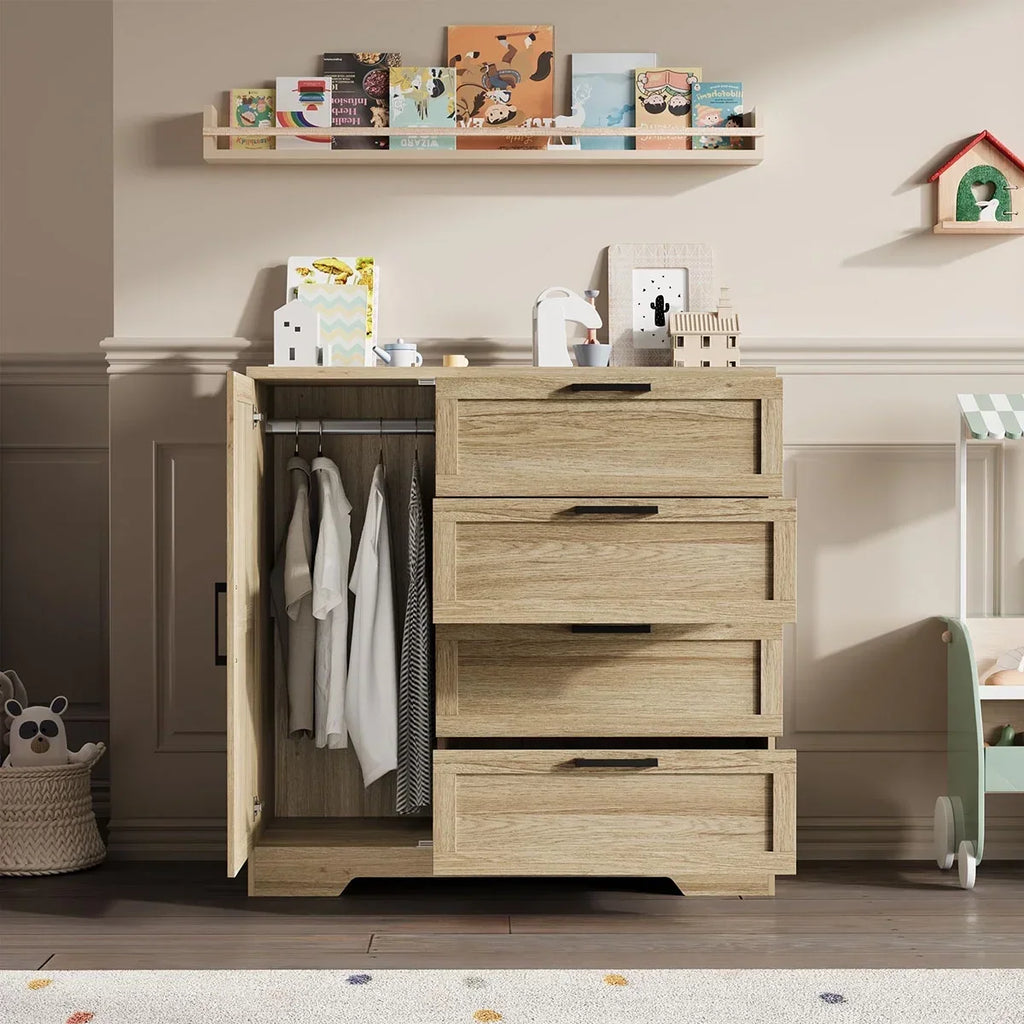 2026 NewAtaucjin Wood Armoire Wardrobe Closet with 4 Drawers and Door, 43.3" H Bedroom Wardrobe Cabinet with Hanging Rod, Clothing Storage Cabinets, 4 Drawers Dresser with Storage Closet