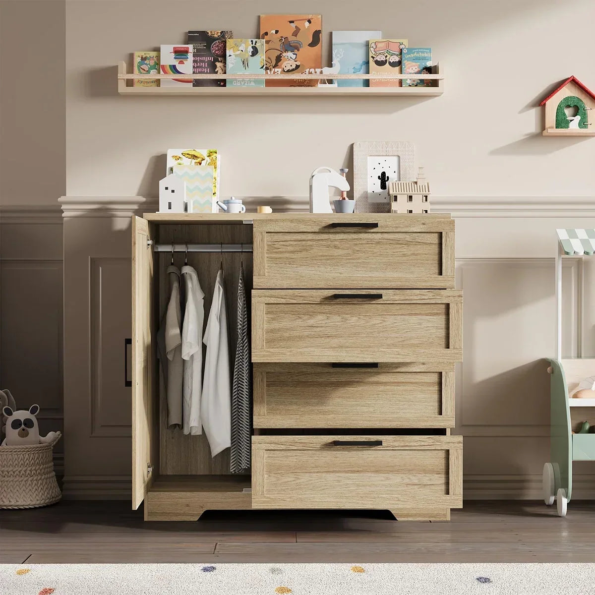 2026 NewAtaucjin Wood Armoire Wardrobe Closet with 4 Drawers and Door, 43.3" H Bedroom Wardrobe Cabinet with Hanging Rod, Clothing Storage Cabinets, 4 Drawers Dresser with Storage Closet