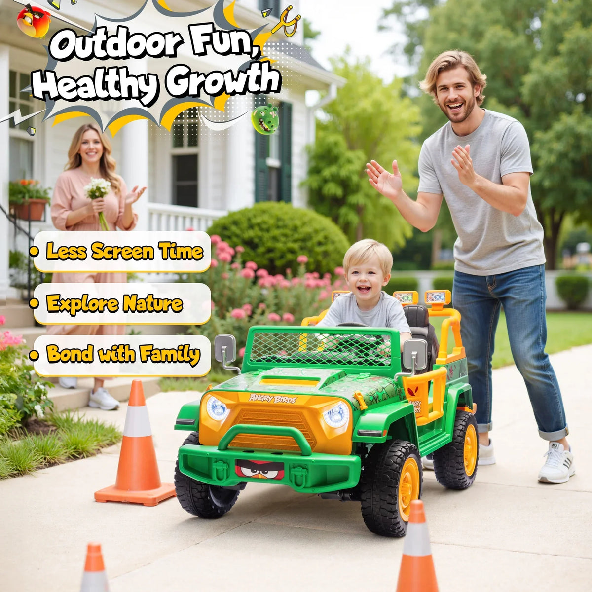 2026 NewJoyracer 24 Volt Ride on Toys for Big Kids, Licensed Angry Birds Ride on Truck with Remote, 2 Seater 4WD Electric Ride ons with Shovel, Bluetooth, Lights, Power Car Wheels for 3-8, 130lbs, Green