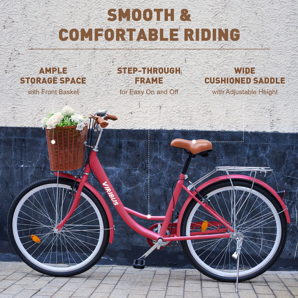2026 NewViribus Women's Comfort Bike 24 inch Beach & City Cruiser Bicycle with Basket Rack White