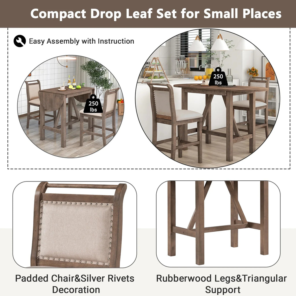 2026 NewHarper & Bright Designs 3 Piece Wood Folding Dining Table Set Drop Leaf Table with 2 Padded Counter Height Dining Chairs for Small Place, Brown
