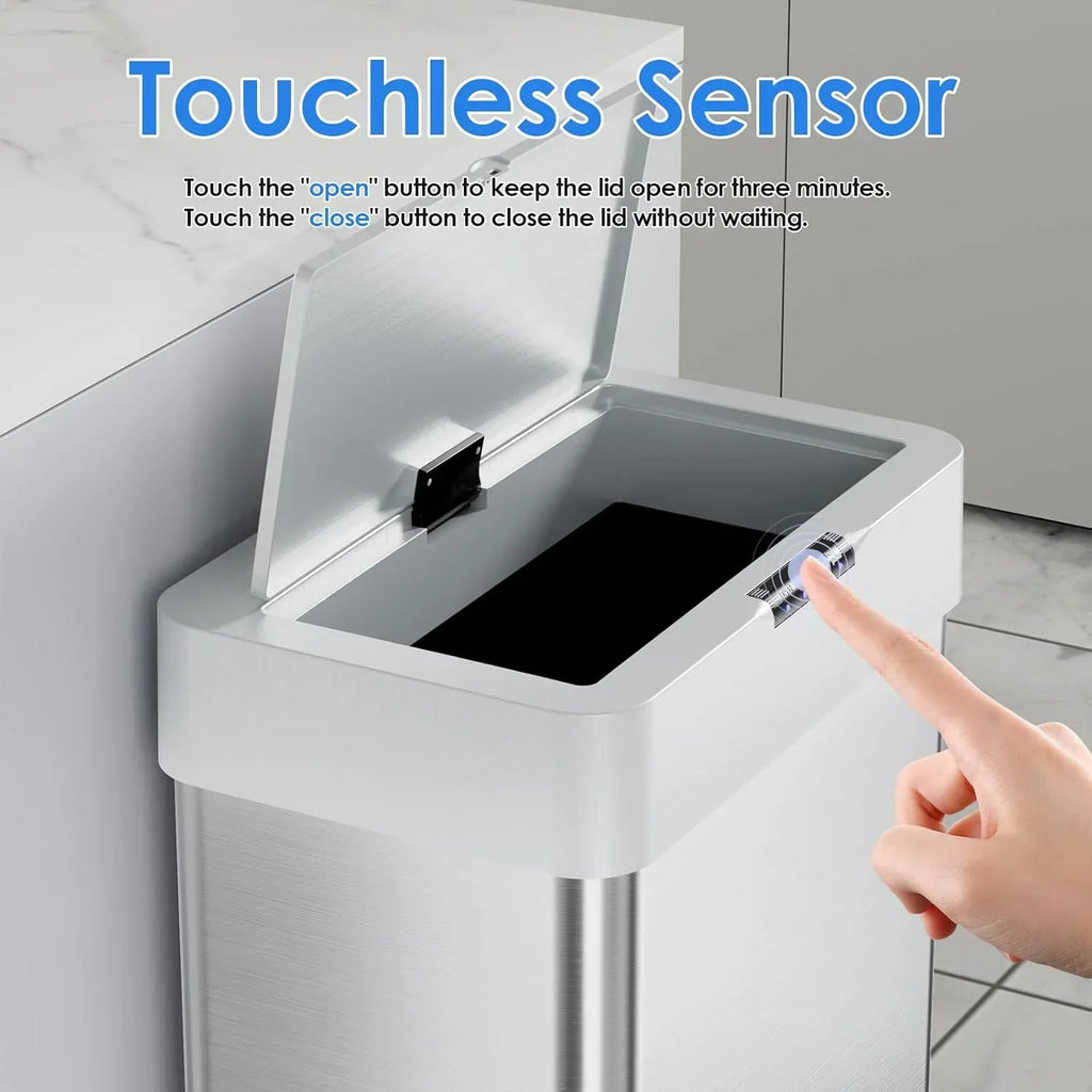 2026 NewLAZY BUDDY 60 Liter / 16 Gallon Stainless Steel Motion Sensor Trash Can for Kitchen, Bathroom, Rectangular