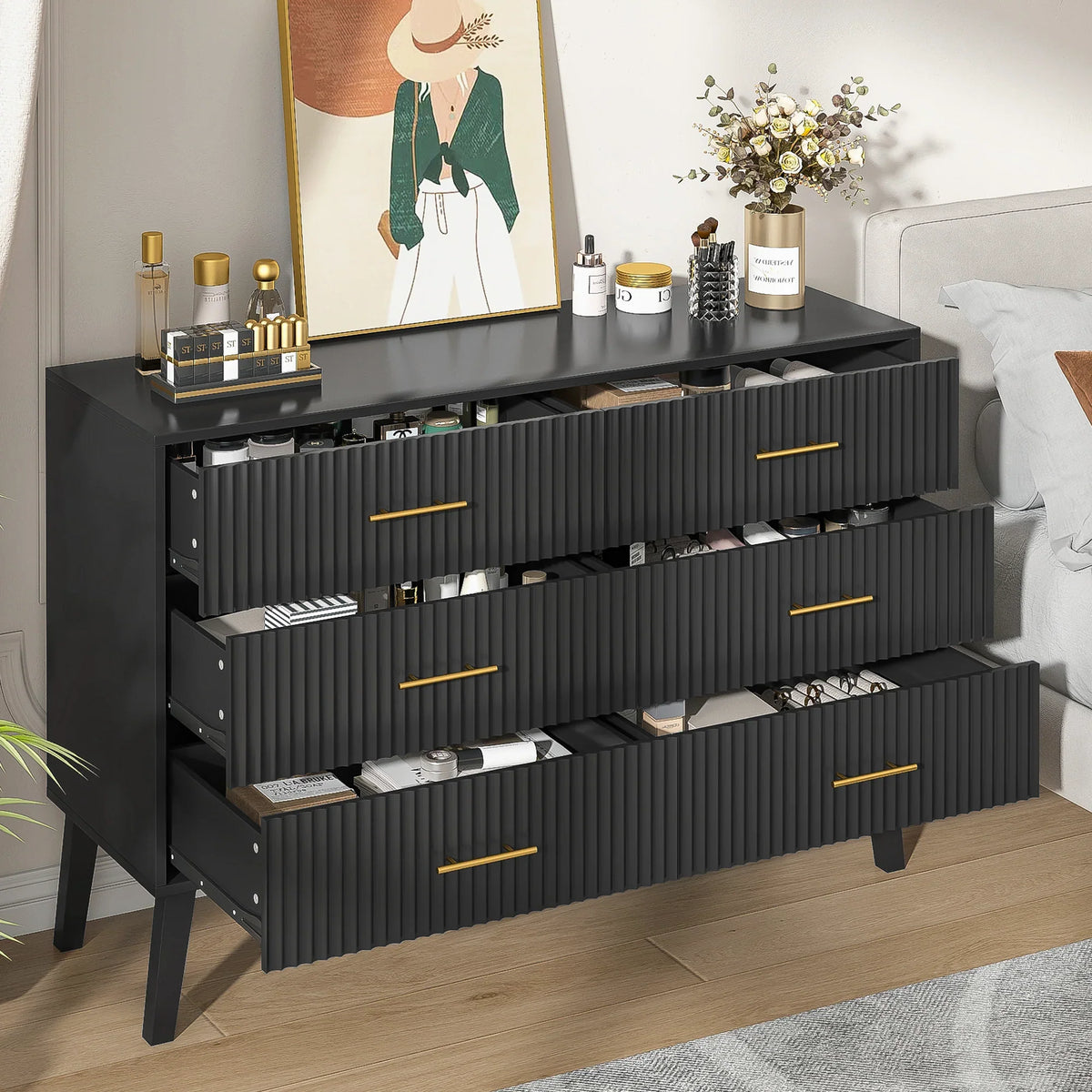 2026 NewFluted 6 Drawers Dresser, Wide Modern Chest of Drawers, 6 Drawer Double Dresser
