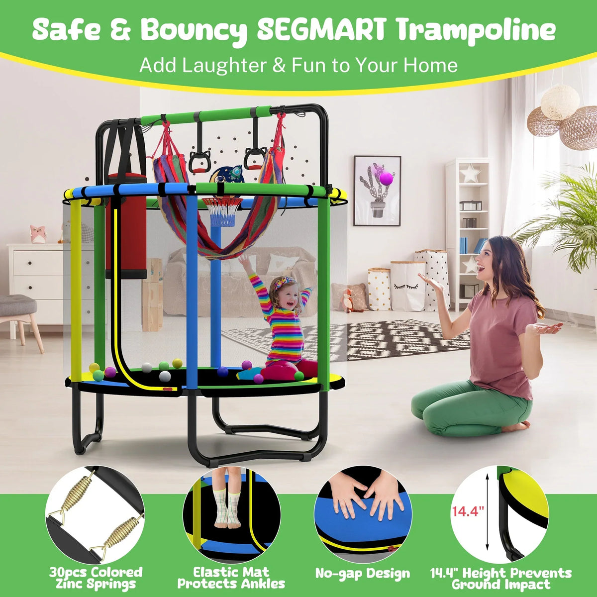 2026 NewMini Round Trampoline for Kids with Basketball Hoop, SEGMART 55'' Indoor Outdoor Toddler Trampoline with Enclosure Net, Swing, Sandbag, Ring, Ocean Balls, Small Trampoline Gift for Boys Girls, Blue