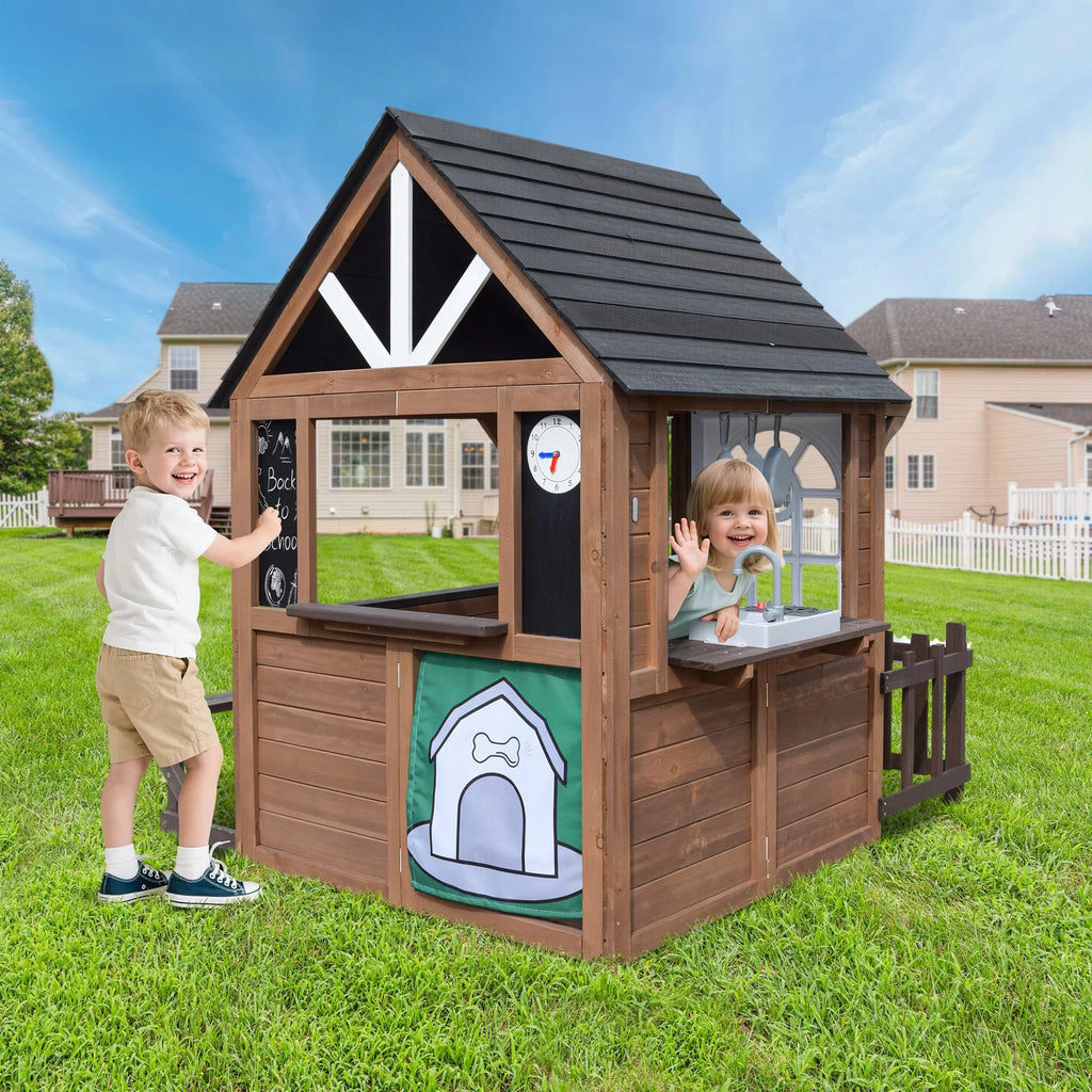 2026 NewCOCLUB Outdoor Playhouse, Wooden Playhouse for Kids Toddlers, Large Kids Playhouse with Bench/Fence/Kitchen/Door Nameplate/Pretend Phone, Girls Boys Outdoor Toy Gift for Ages 3+, (62.99"W* 67.32"L)