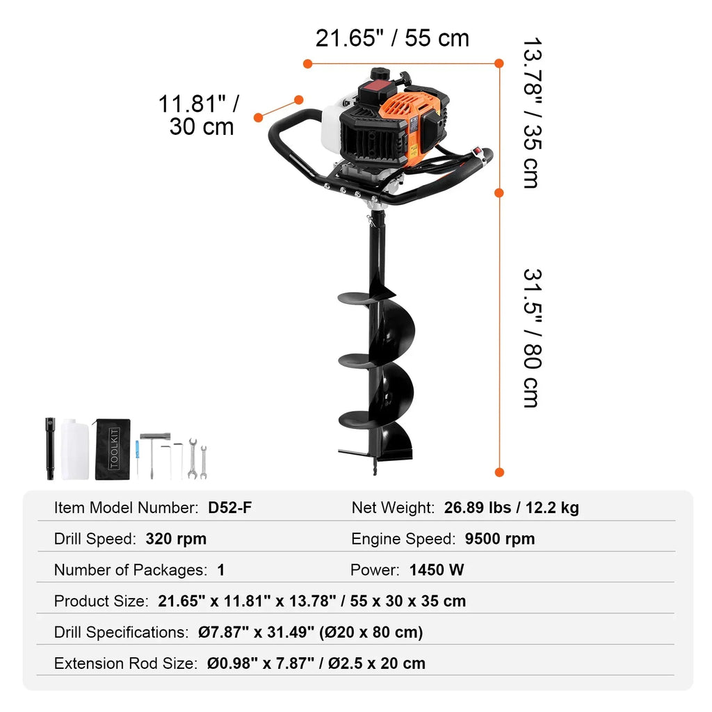 2026 NewKFFKFF Gas Earth Auger, 52CC 1450W, includes 8" Drill Bit & Extension Rod, Ideal for Garden, Farmland Fence Installation, Orange & Black