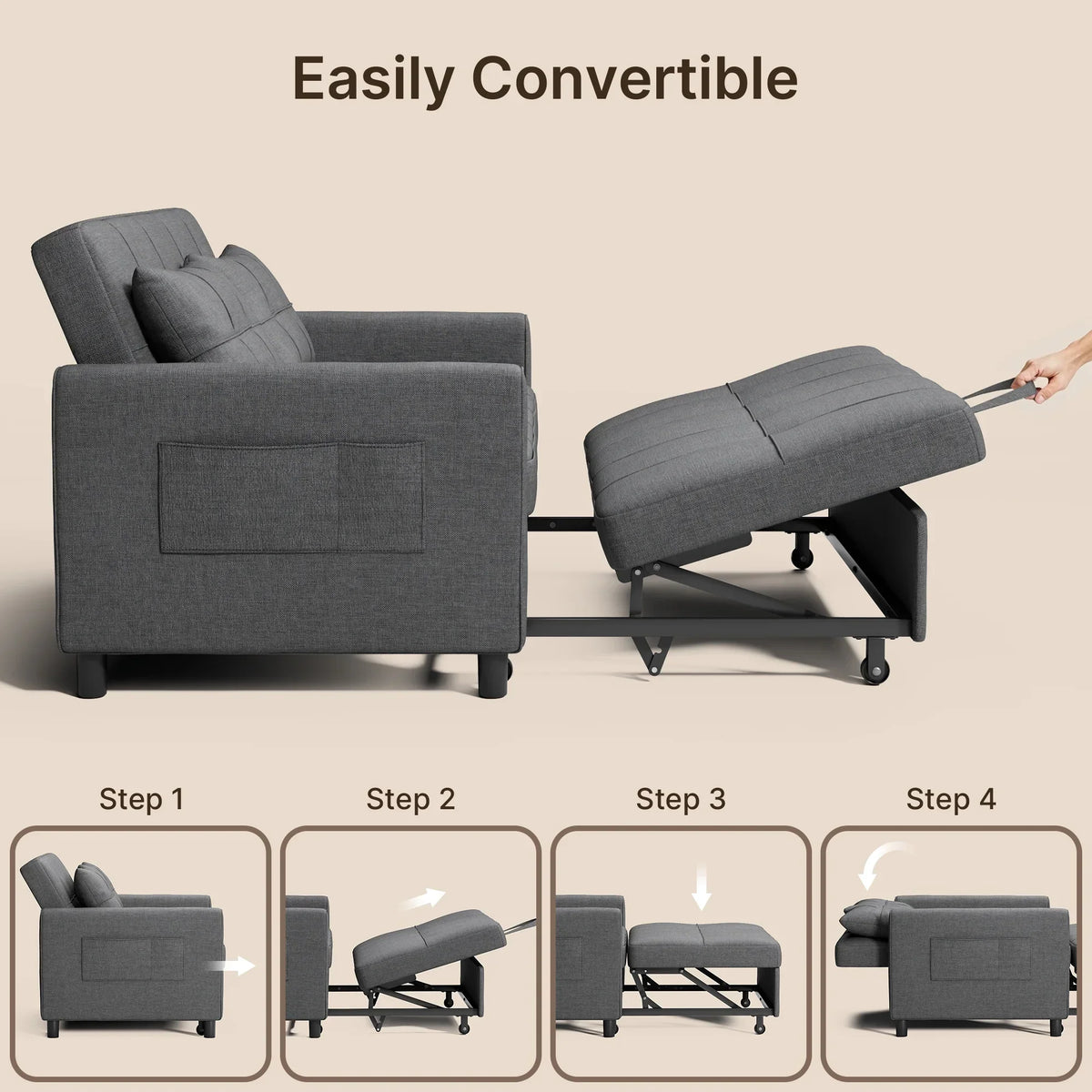 2026 NewSofa Bed, Lofka 3-in-1 Convertible Sleeper Sofa with Storage, Adjustable Backrest & Pull Out Function - Sleeper Chair for Small Space, Apartment, Dark Grey