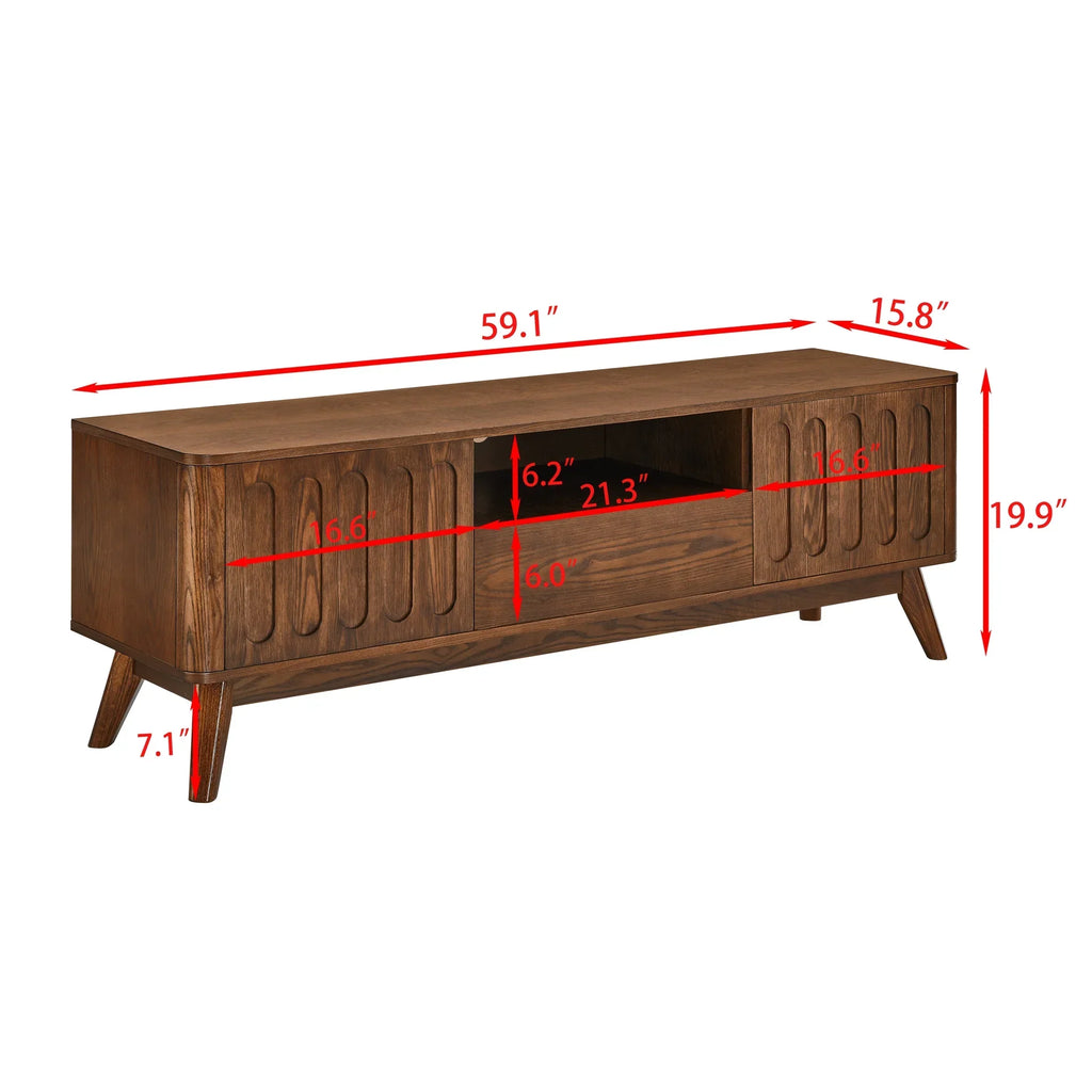 2026 NewNoble House Mid-Century Modern Fluted TV Stand for 65" TV, Entertainment Console with Storage, Solid Wood Legs, Walnut