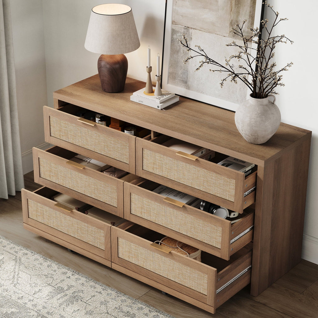 2026 NewSICOTAS 56.85" 6 Drawer Dresser,Rattan Dresser with Storage,Boho Dressers & Chests of Drawers Wooden Tall Dresser for Bedroom