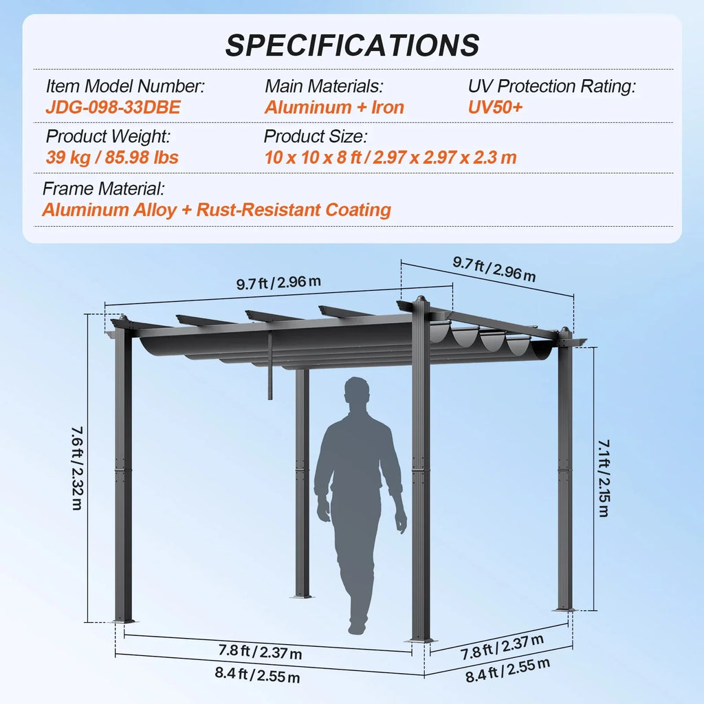 2026 NewKFFKFF 10'x10' Aluminum Pergola, Outdoor with Retractable Sun Shade Canopy, Ideal for Patio, Garden, Deck, Backyard - Gray