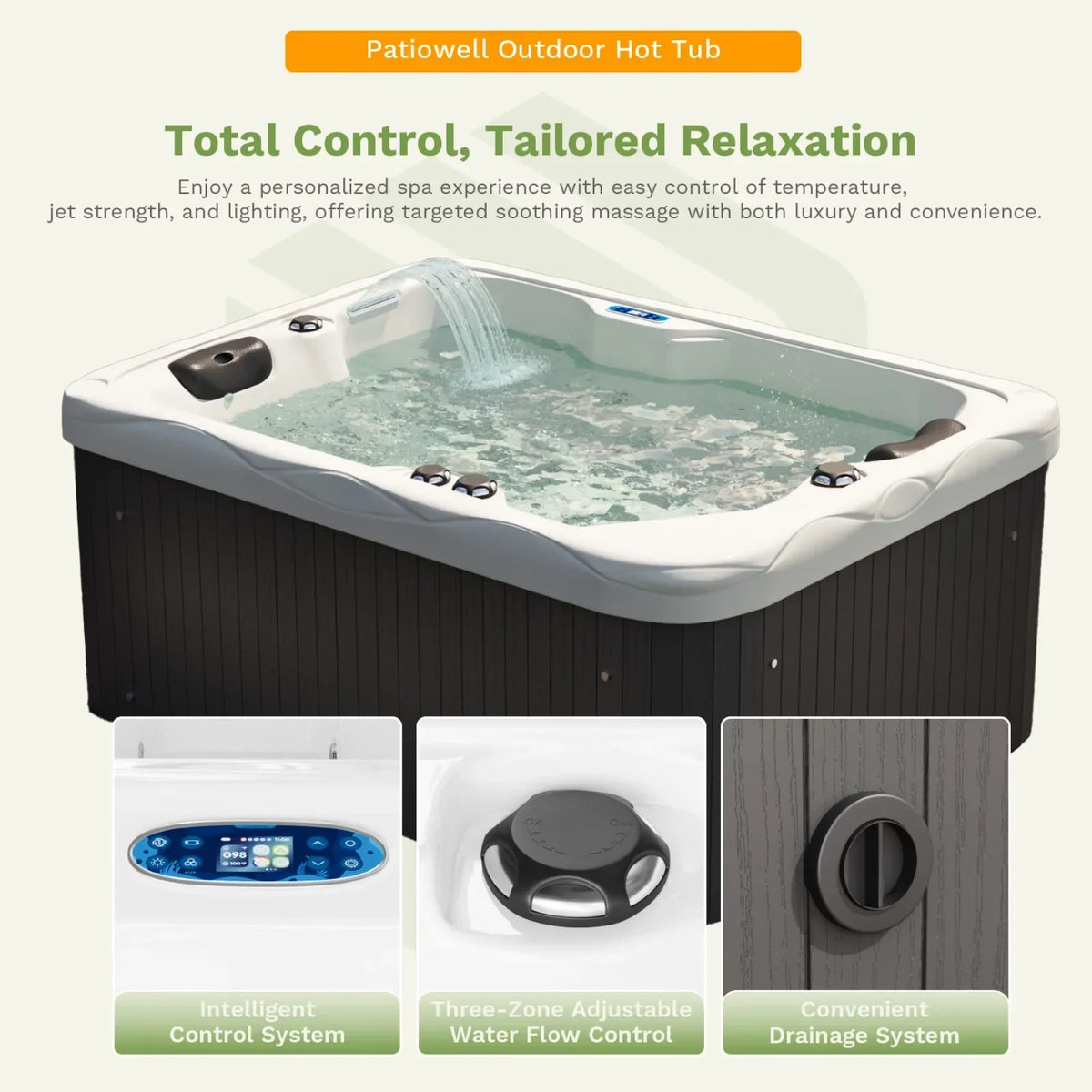 2026 NewPatiowell 2 Person Home Spa Hot Tub for Outdoor, with 41pcs Massage Jets, LED lighting, Built-In Water Purification System, 900L, Black