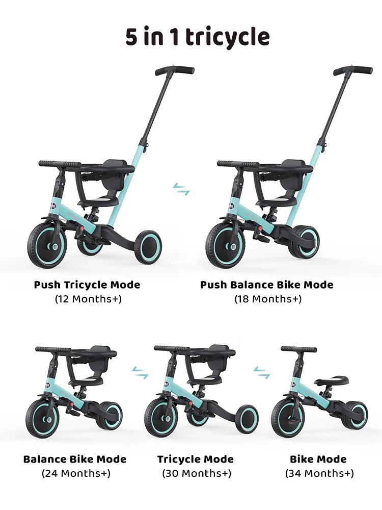 2026 Newnewyoo TR008 5-in-1 Toddler Tricycle with Push Handle, Converts to Balance Bike for 1-3 Year Old, Khaki