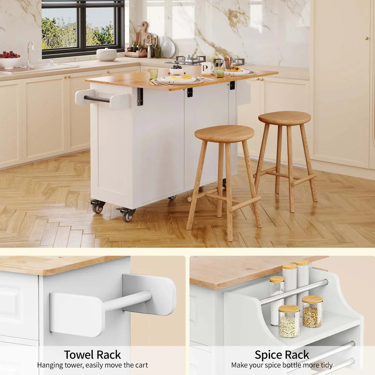 2026 NewLofka 52-Inch Kitchen Island with Storage on Wheels with Wood Drop Leaf, Ideal for Small Kitchens