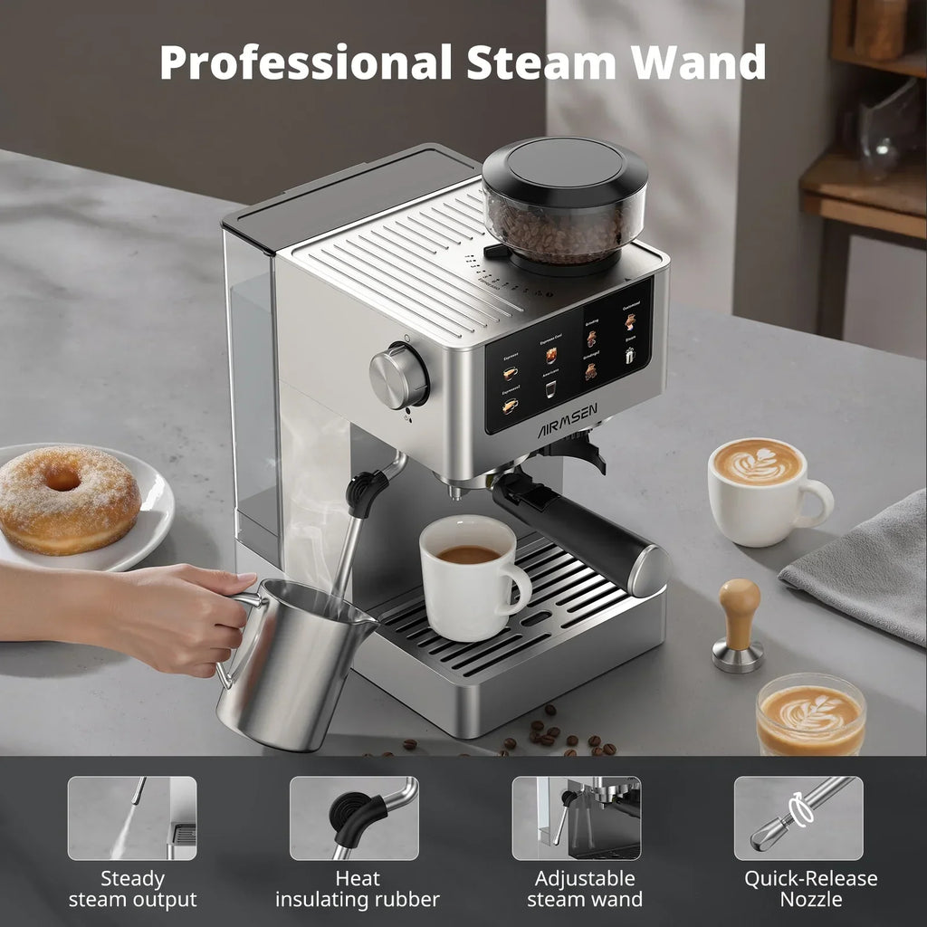 2026 NewAIRMSEN Espresso Machine with Grinder, Espresso Coffee Machine with Customized Grind Amount & Coffee Volume, Cold Brew Coffee Maker for Cappuccino Latte Americano, Brushed Stainless Steel