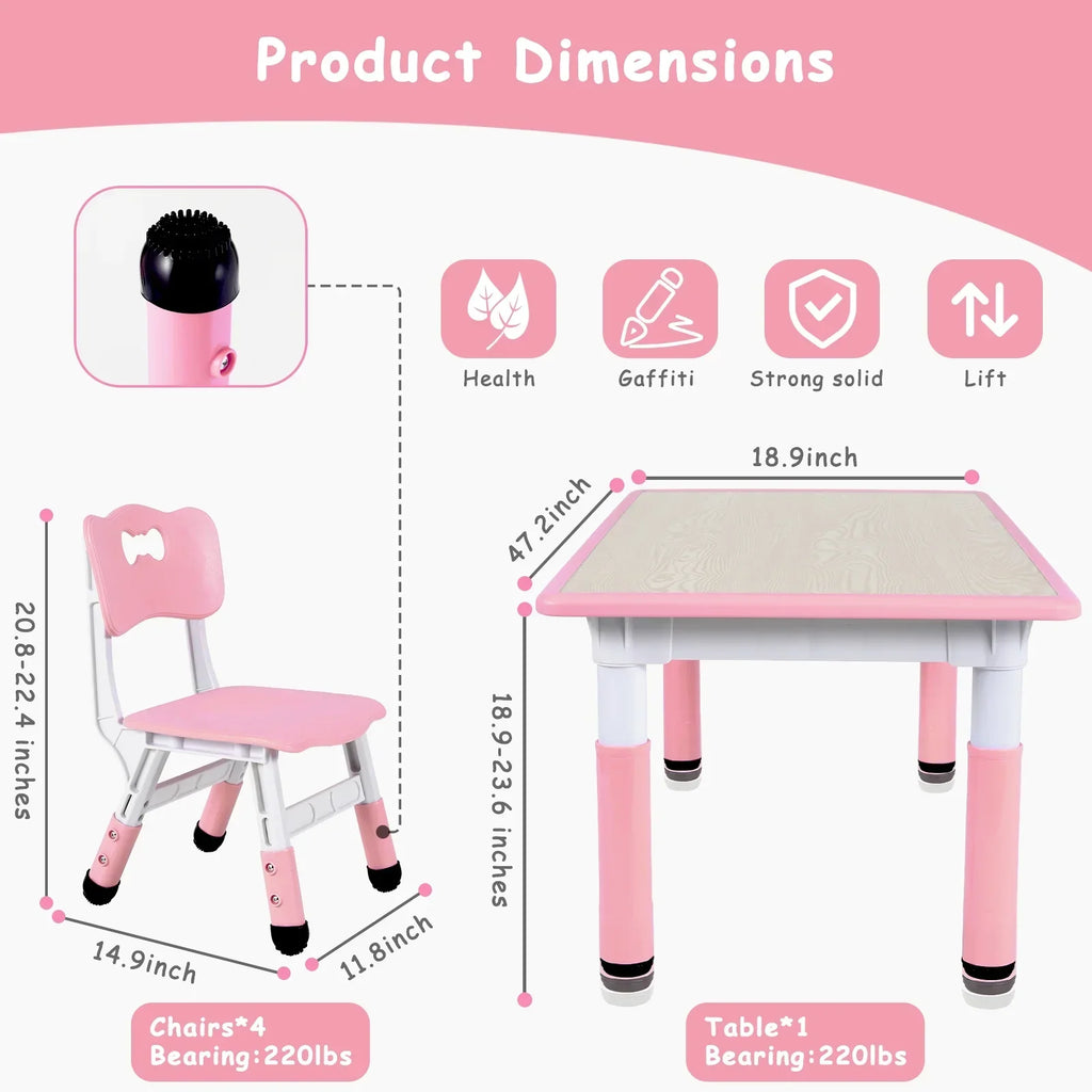 2026 NewLAZY BUDDY Kids Table and 4 Chairs Set, Height Adjustable Toddler Desk with Graffiti Desktop, Kids Activity Table Set for Daycare, Home