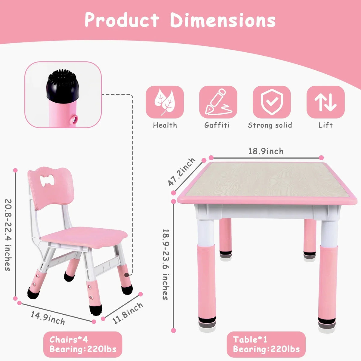 2026 NewLAZY BUDDY Kids Table and 4 Chairs Set, Height Adjustable Toddler Desk with Graffiti Desktop, Kids Activity Table Set for Daycare, Home