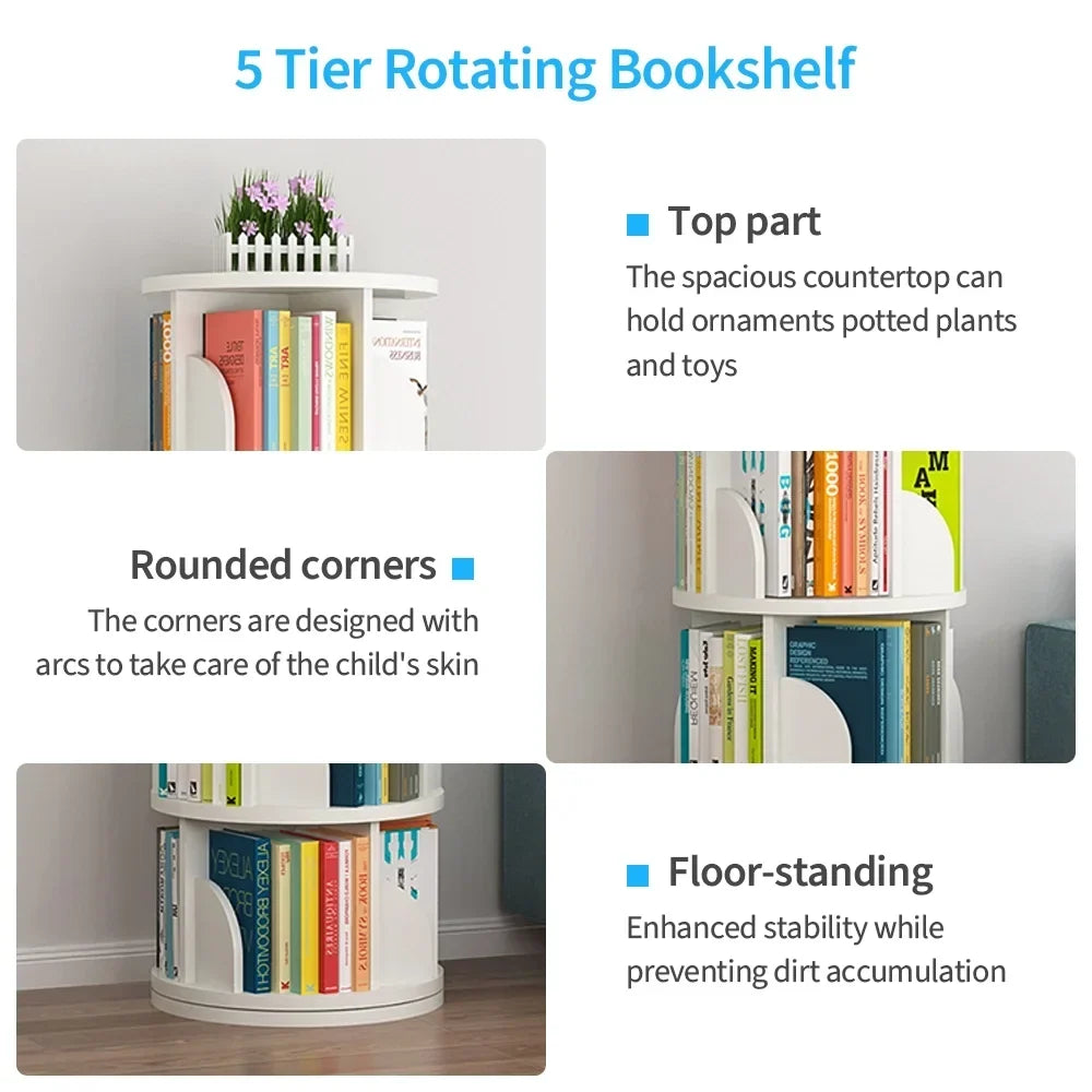 2026 NewBimiti 5 Tier Rotating Bookshelf, 360?" Revolving Bookcase 20 Shelves Floor-Standing Storage Display Rack - White 63"x18"x18", Adult