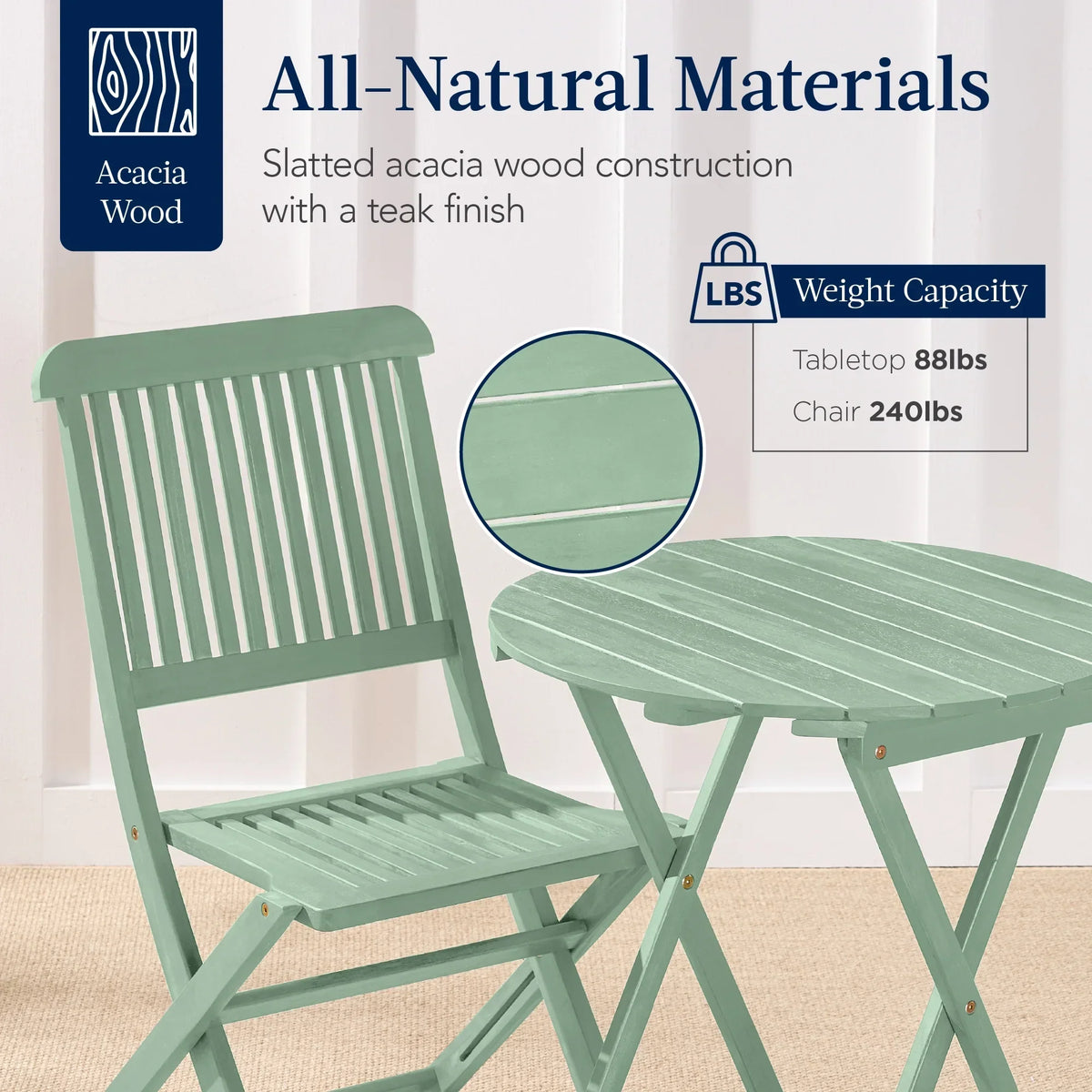 2026 NewBest Choice Products 3-Piece Acacia Wood Bistro Set, Folding Patio Furniture w/ 2 Chairs, Table - Natural