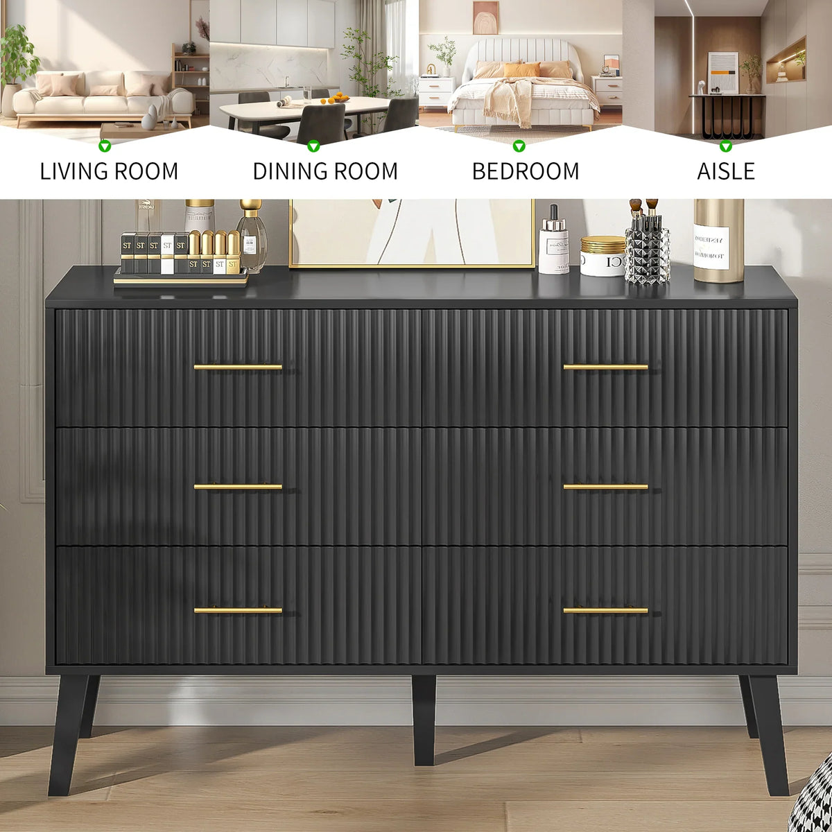 2026 NewFluted 6 Drawers Dresser, Wide Modern Chest of Drawers, 6 Drawer Double Dresser