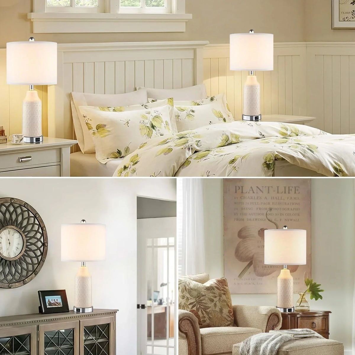 2026 NewCinkeda Table Lamp Set of 2 for Living Room Bedroom with USB Ports AC Outlet 3 Way Dimmable Touch Nightlight Farmhouse White Floral Nightstand Bedside Lamps