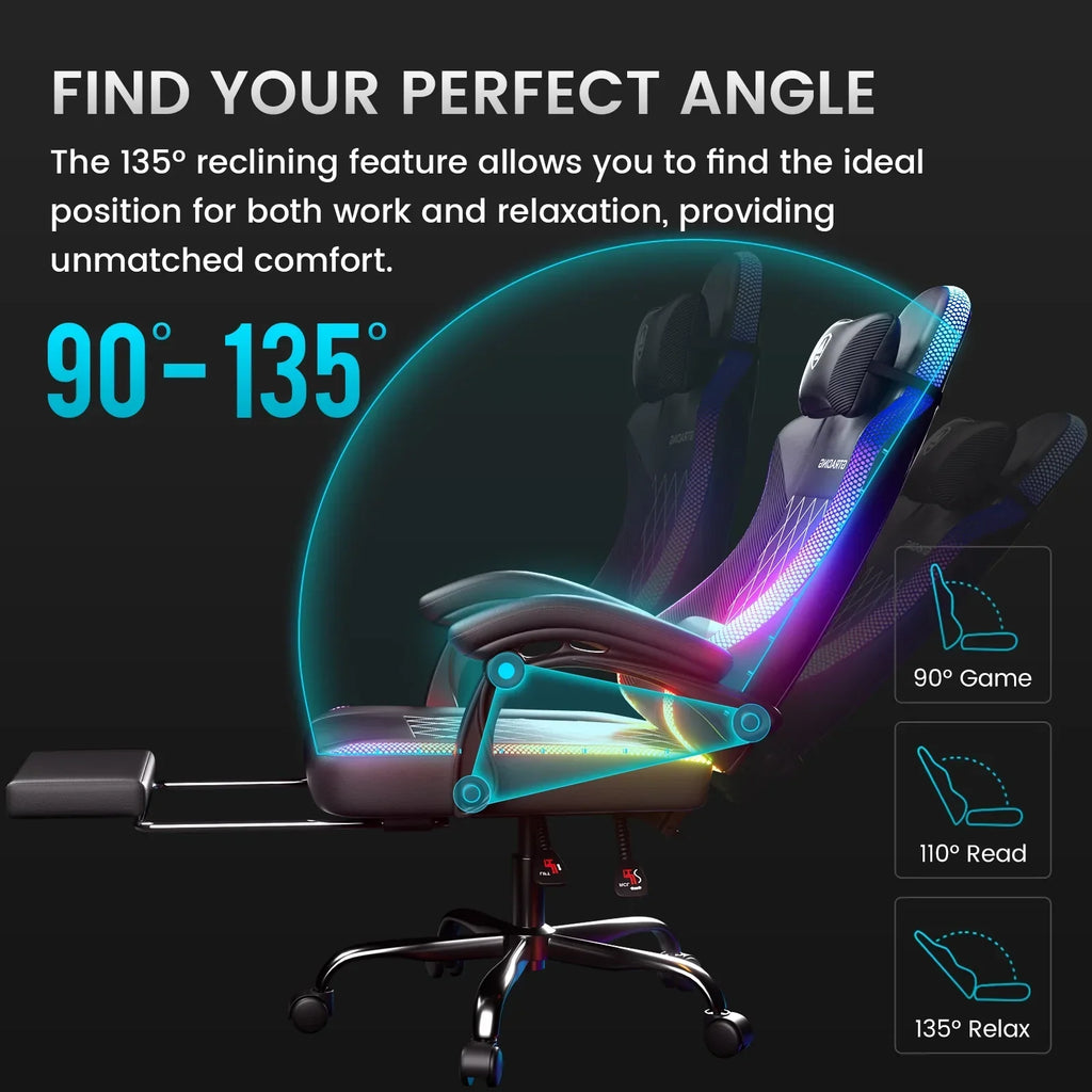 2026 NewGTRACING RGB Ergonomic Gaming Chair with Massage, LED Lights, Footrest, Lumbar Support and Backrest, Black
