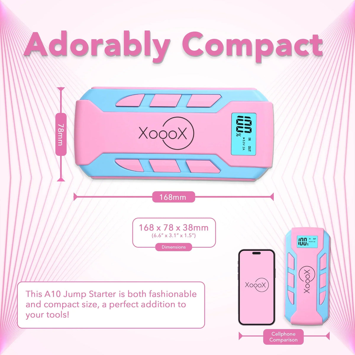2026 NewXoooX Pink Portable Car Battery Jump Starter Kit with Jumper Cables, LED Light and Case; 12V Jump Start Battery Pack; Portable Battery Charger for USB/USB-C Devices