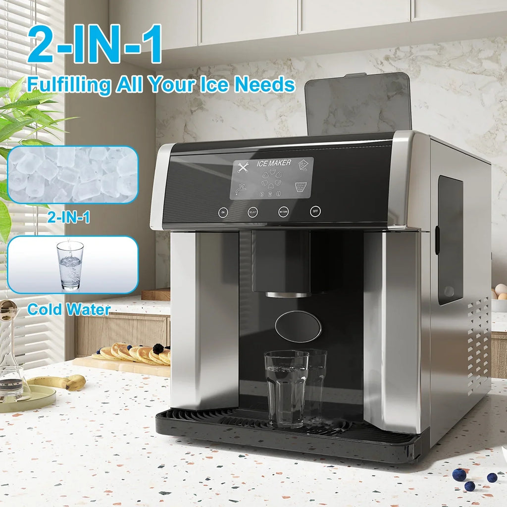 2026 NewTABU 3 in 1 Ice Maker with Water Dispenser,40 lbs/24H,Ice Machine with Ice Crushing,Self Cleaning,Black