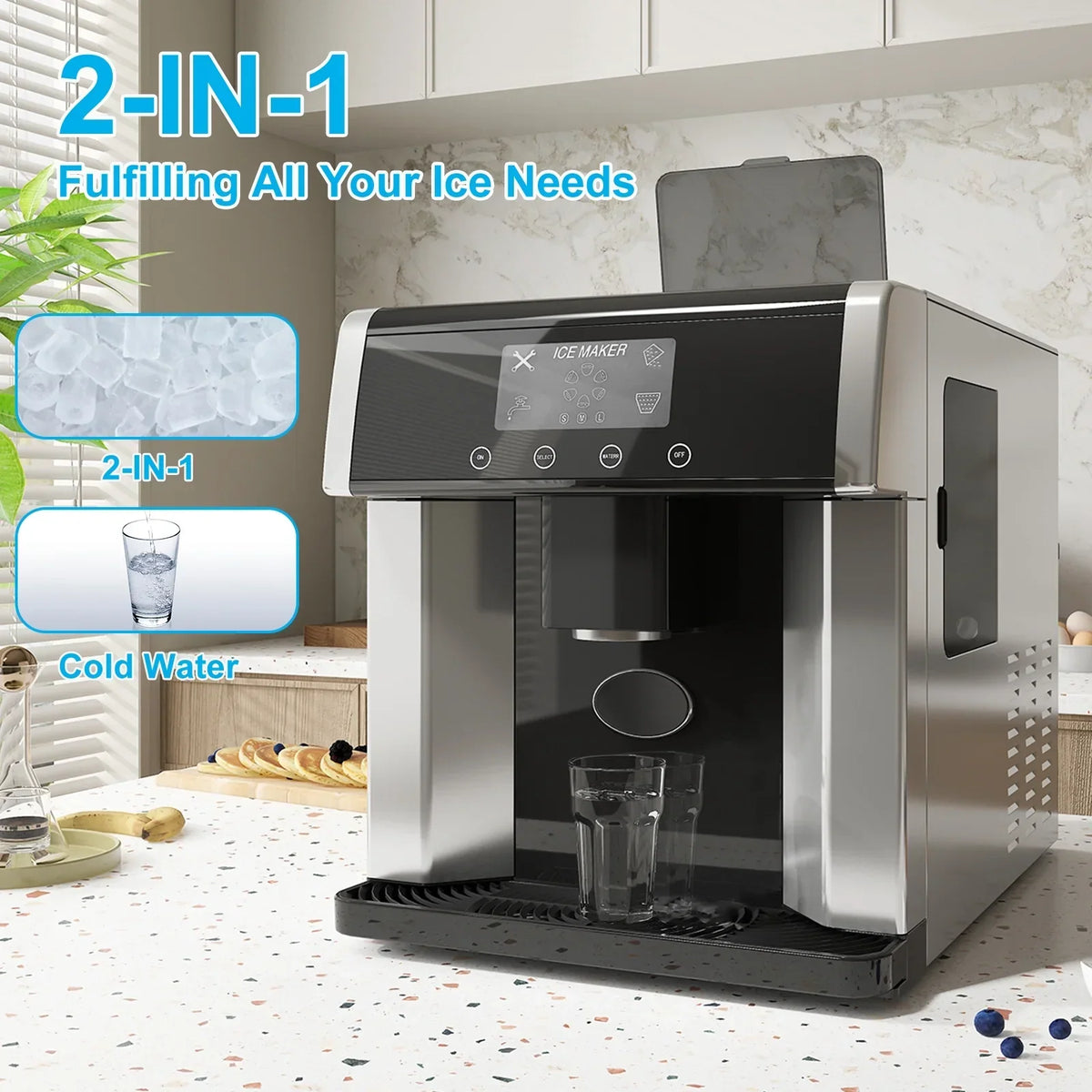 2026 NewTABU 3 in 1 Ice Maker with Water Dispenser,40 lbs/24H,Ice Machine with Ice Crushing,Self Cleaning,Black