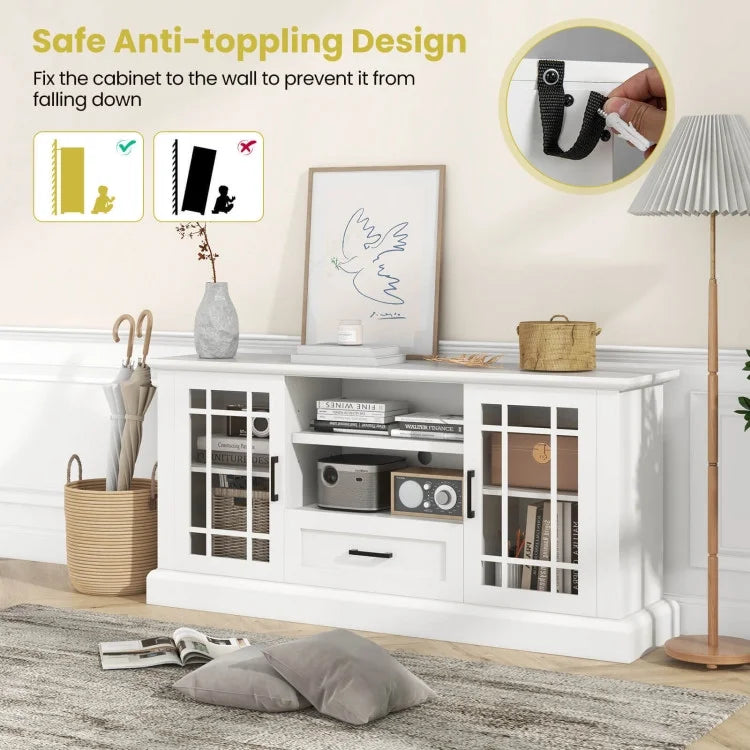 2026 NewTV Stand for TVs up to 70 with Glass Doors Cubbies and Drawer