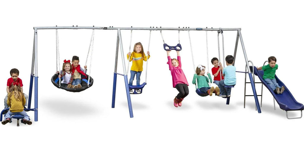 2026 NewXDP Recreation Fun All-Mighty Metal Swing Set with Super Disc Swing. Stand R Swing. Glider. & Slide