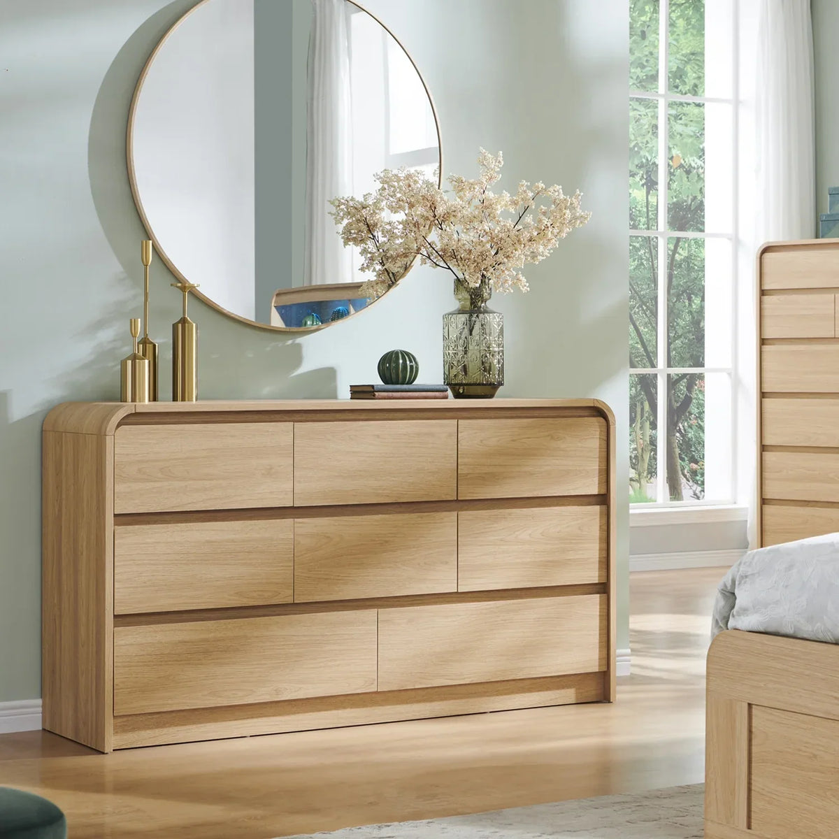 2026 Newwow97e Modern 8 Drawers Dresser for Bedroom, 55" Wide Wood Chest of Drawers w/Curved Profile Design, for Bedroom, Living Room, Natural Oak