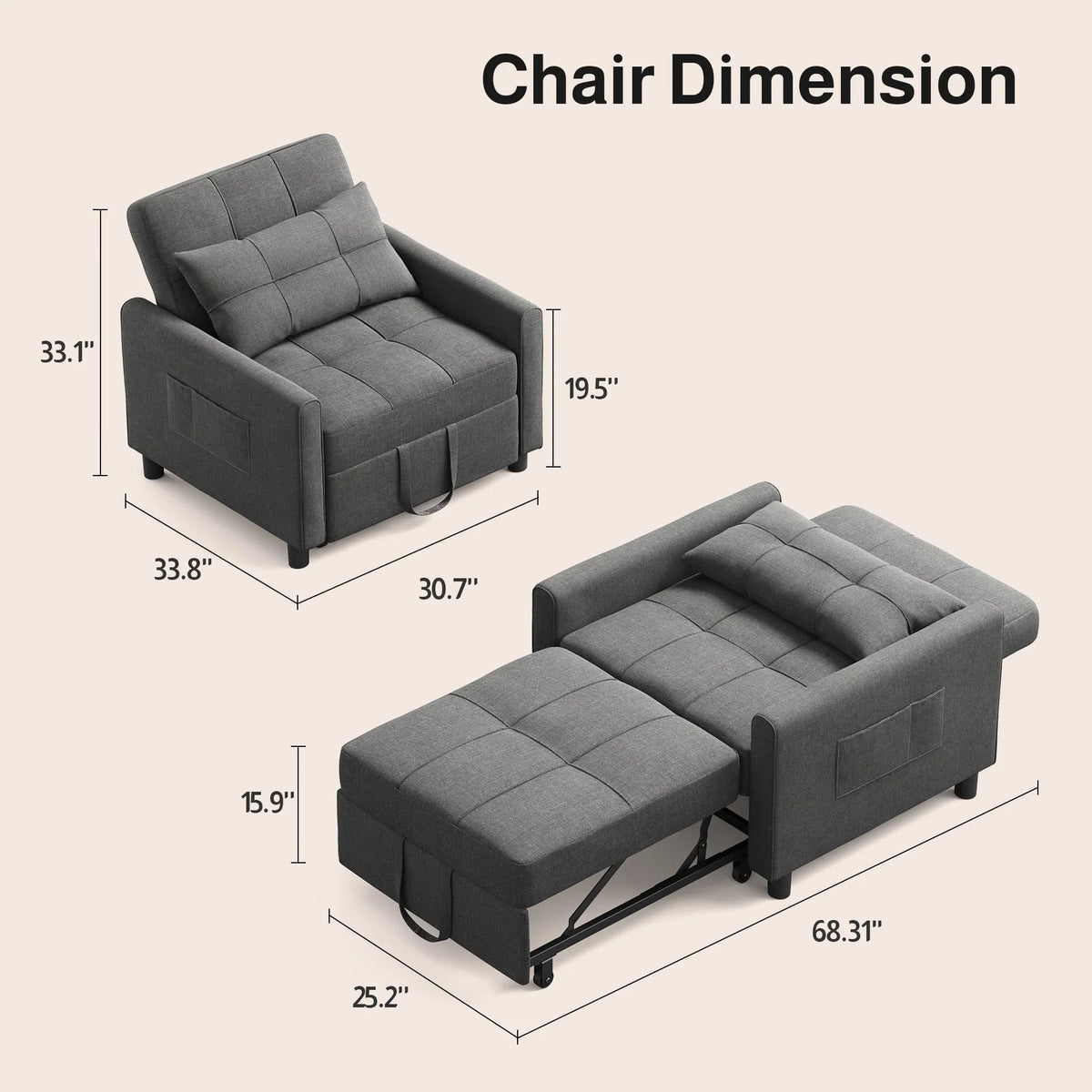 2026 NewSofa Bed, Lofka 3-in-1 Convertible Sleeper Sofa with Storage, Adjustable Backrest & Pull Out Function - Sleeper Chair for Small Space, Apartment, Dark Grey