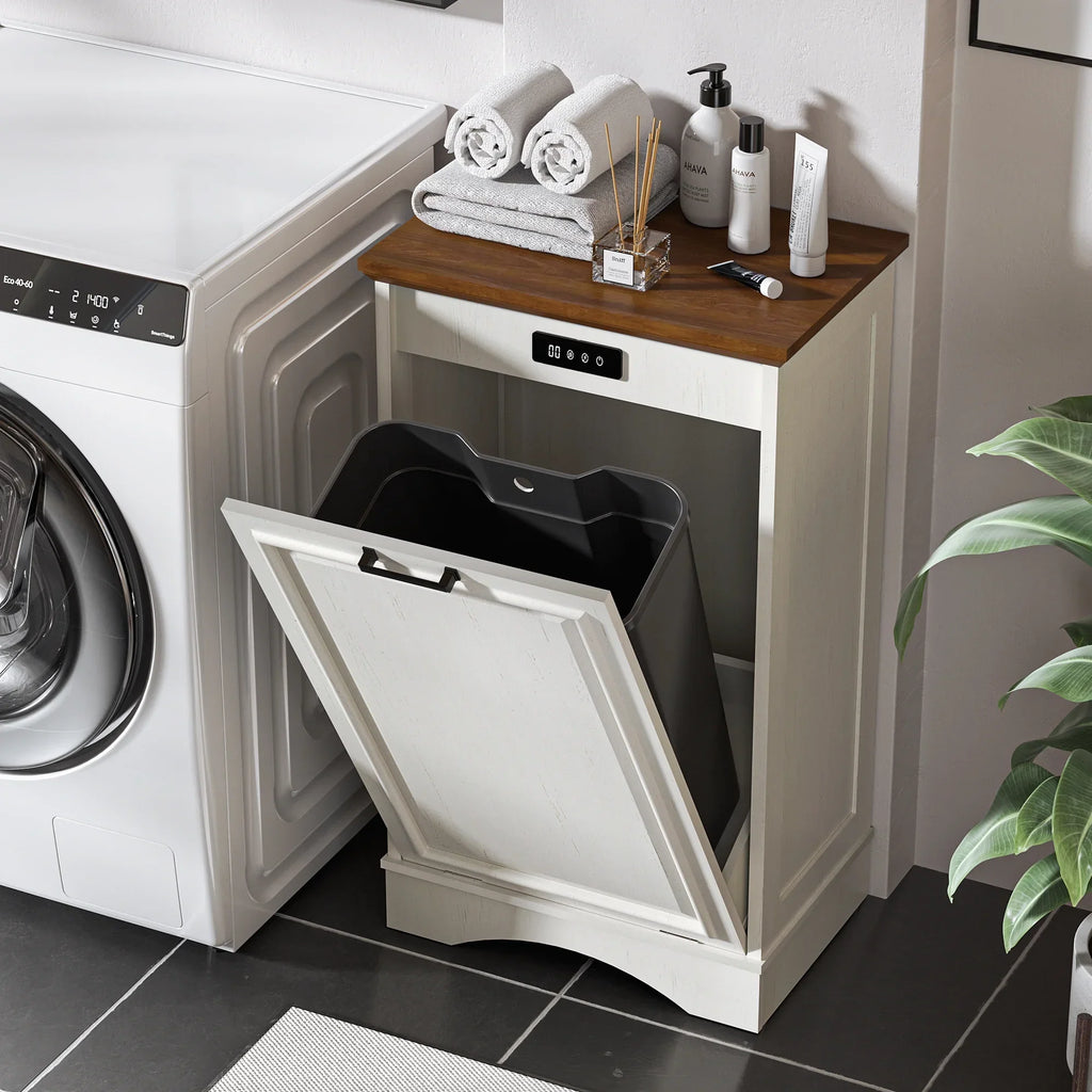 2026 NewHARIPUL Single Tilt Out Trash Cabinet for 13 Gallon Waste Bin, Free Standing Kitchen Trash Can Cabinet with Drawers, White