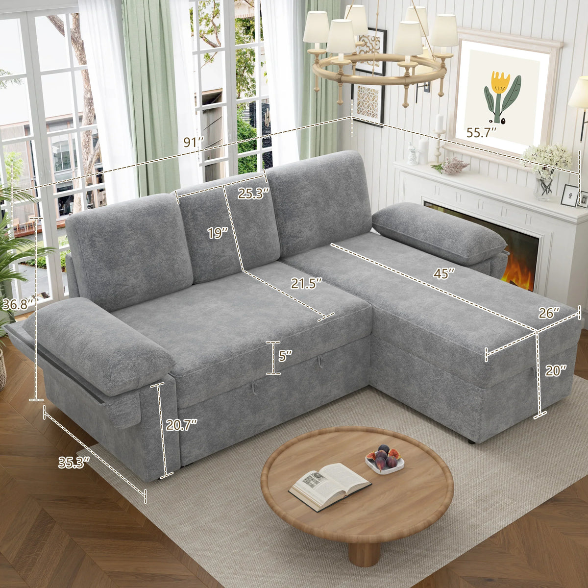 2026 NewVANACC Sofa Bed, Adult Sleeper Sofa with Storage Chaise, Pull Out Couch for Bed Room, Gray Chenille