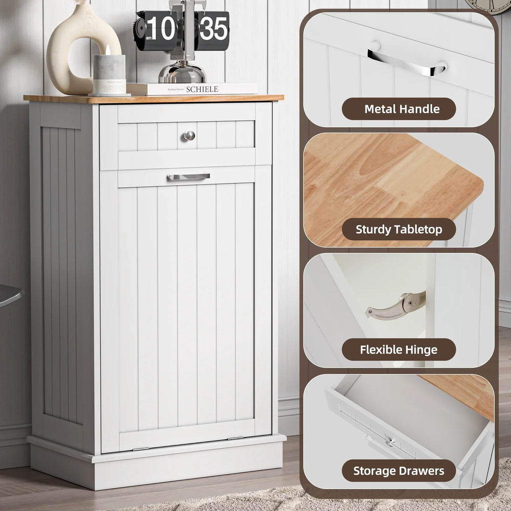 2026 NewHARIPUL Single Tilt Out Trash Cabinet for 13 Gallon Waste Bin, Free Standing Kitchen Trash Can Cabinet with Drawers, White