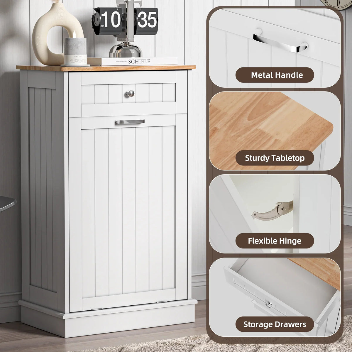 2026 NewHARIPUL Single Tilt Out Trash Cabinet for 13 Gallon Waste Bin, Free Standing Kitchen Trash Can Cabinet with Drawers, White
