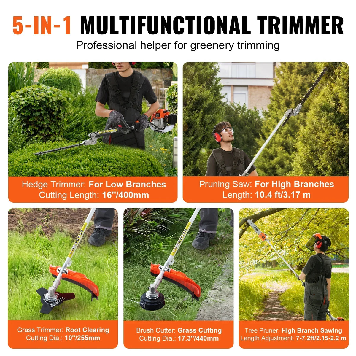 2026 NewVEVOR 26CC 5-in-1 Multi-Functional Trimming Tools, Gas Hedge Trimmer, Weed Eater, String Trimmer, Edger, Pole Saw Chainsaw Pruner with Extension Pole