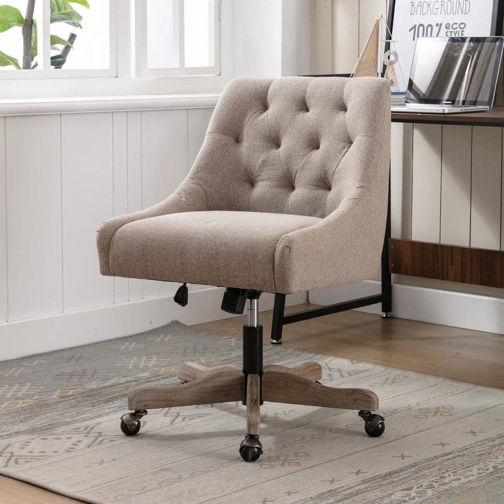 2026 New360 Degree Swivel Office Desk Chair, Upholstered Leisure Vanity Chair with Solid Wood Base and Wheels, Adjustable Height Computer Chair for Bedroom Living Room, Brown