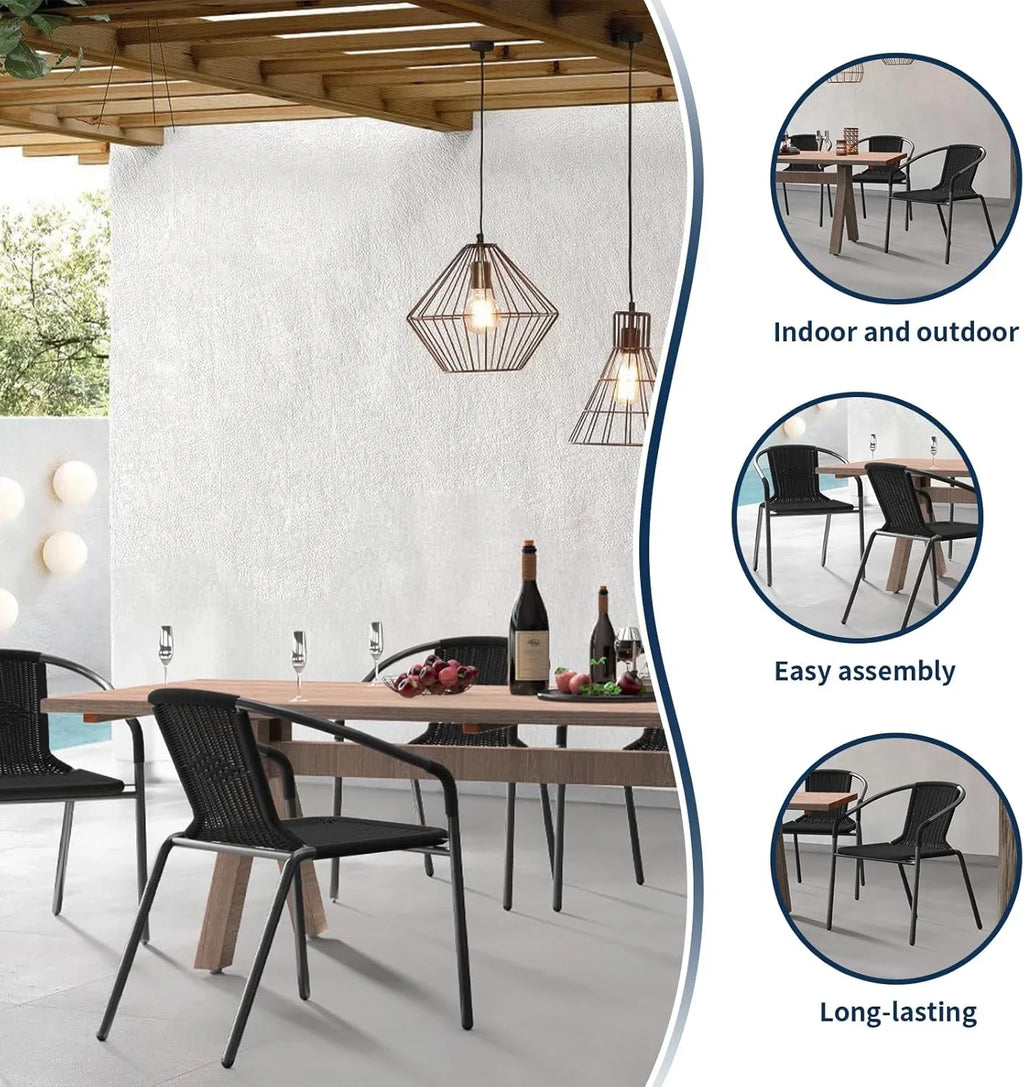 2026 NewELPOSUN Outdoor Dining Chairs Set of 6, Wicker Patio Chairs with Metal Frame, Rattan Indoor-Outdoor Chairs for Bistro, Deck, Backyard, Porch, Restaurant Stack Chair 6 Pack (Black)