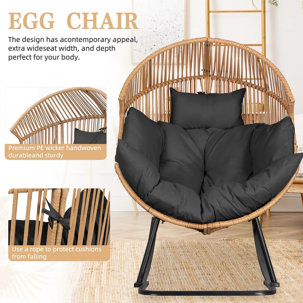 2026 NewWalsunny Egg Chairs Outdoor Patio Wicker Oversized Egg Shell Lounger Lawn Chair with Cushion for Indoor Outside Porch Balcony Backyard, Original Wood Color Rattan Beige Cushion
