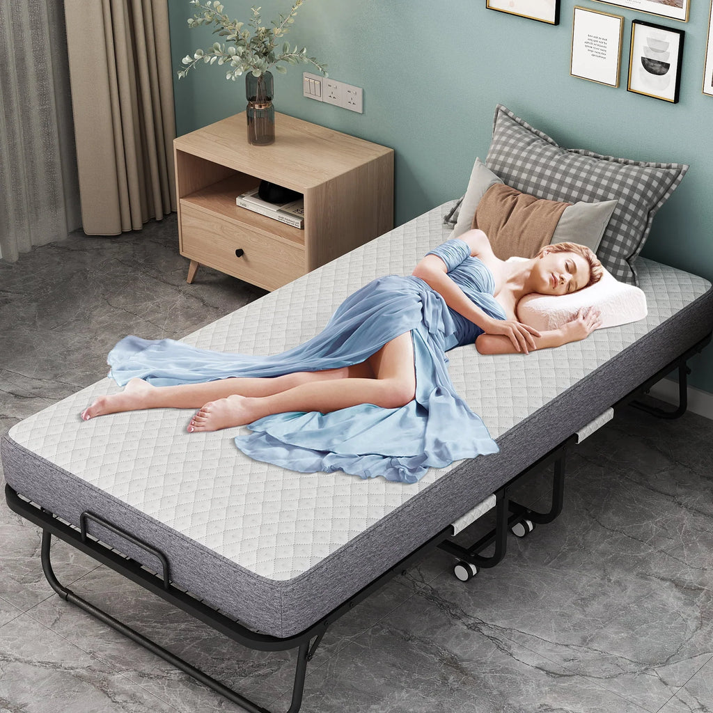 2026 NewFolding Bed with Mattress 75" x 31" Cot Size Folded Bed, Rollaway Guest Bed Portable Foldable Extra Bed for Adults Daybed with 5" Memory Foam Mattress Space-Saving Sturdy Metal Grid Frame