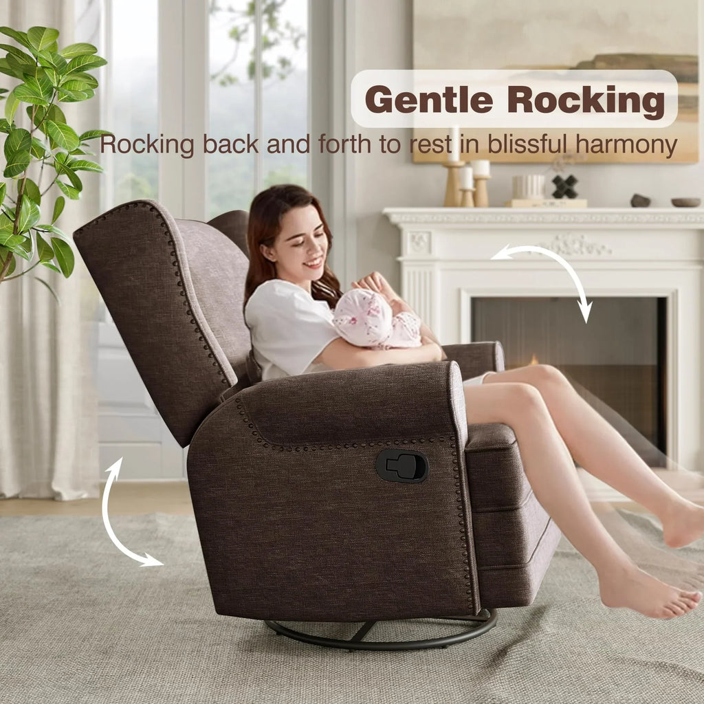 2026 NewRoyalcraft Swivel Nursery Glider Recliner, Comfy Upholstered Glider Chair with Lumbar Pillow and Footrest, Beige