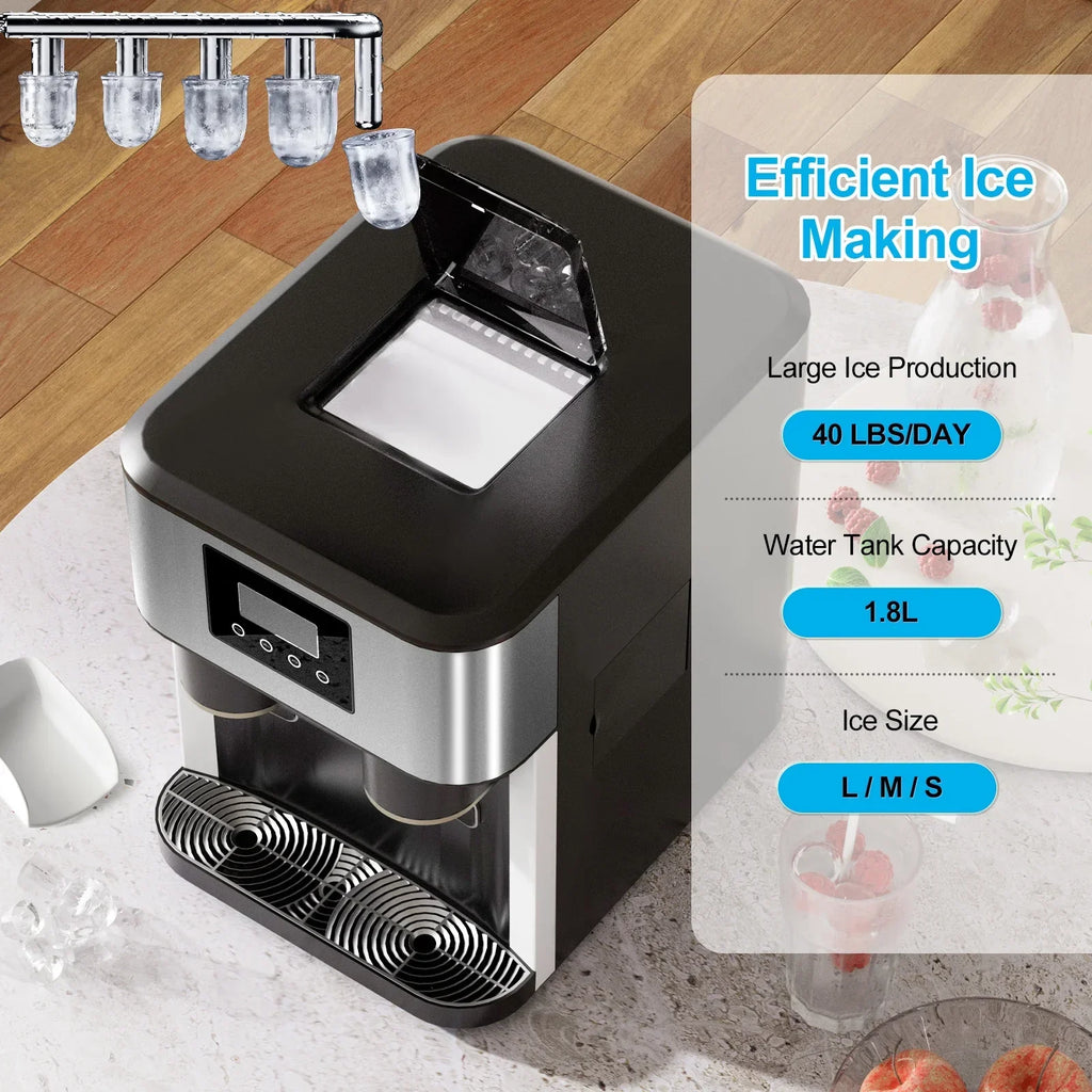2026 NewTABU 3 in 1 Ice Maker with Water Dispenser,40 lbs/24H,Ice Machine with Ice Crushing,Self Cleaning,Black